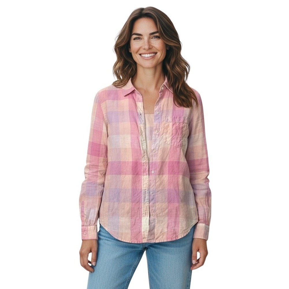 Pink Plaid Button Down Shirt Long Sleeve Casual Linen Top‎
